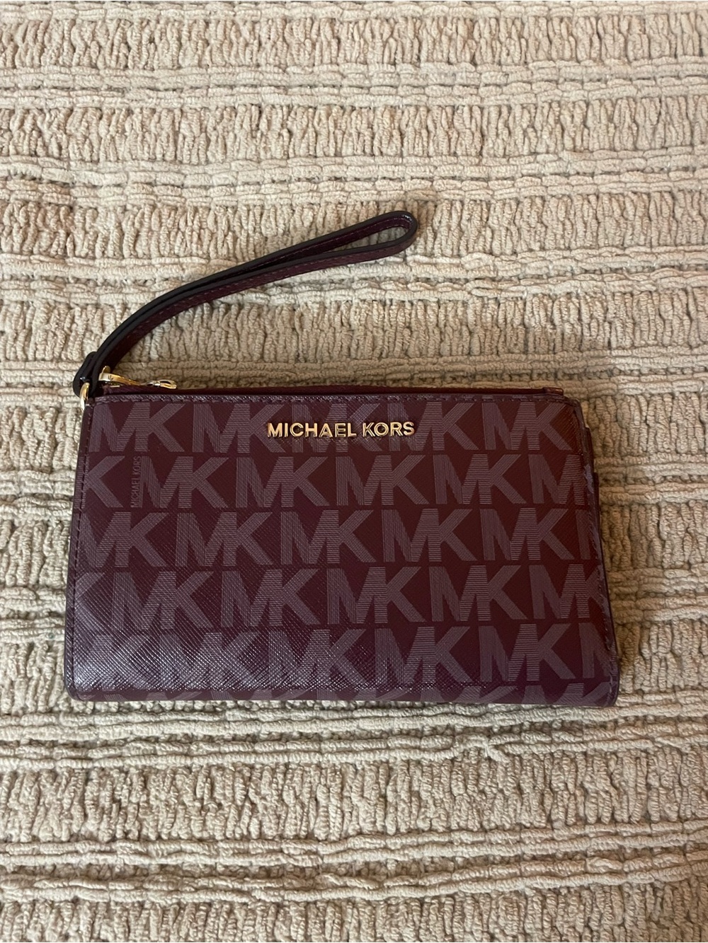 Michael Kors Signature MK Wristlet in Burgundy with Gold Hardware